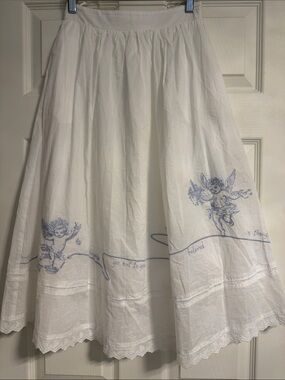 White Midi Skirt with Blue Cherub Embroidery